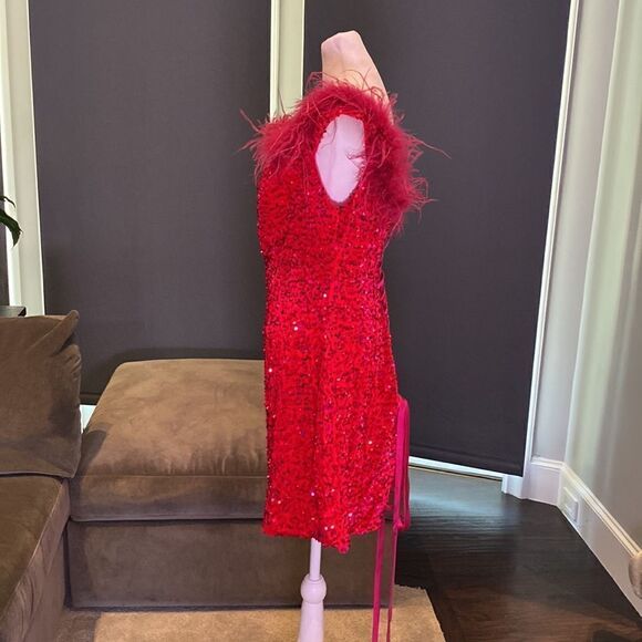 Women’s Pink Short Feather & Sequin One Shoulder Prom Party Dress Size 14 *READ - Picture 8 of 16